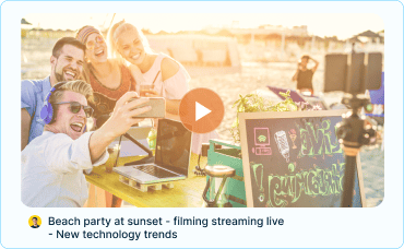 beach party at sunset thumbnail with play button and border effect